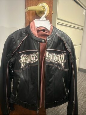 Harley-Davidson Black Leather Jacket with Pink Accents and matching gloves.